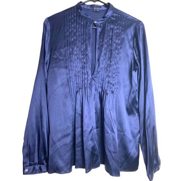 THEORY TOP M SILK BLEND BLUE BLOUSE LONG SLEEVE SHIRT PLEATED KEYHOLE PINTUCK - Picture 1 of 7